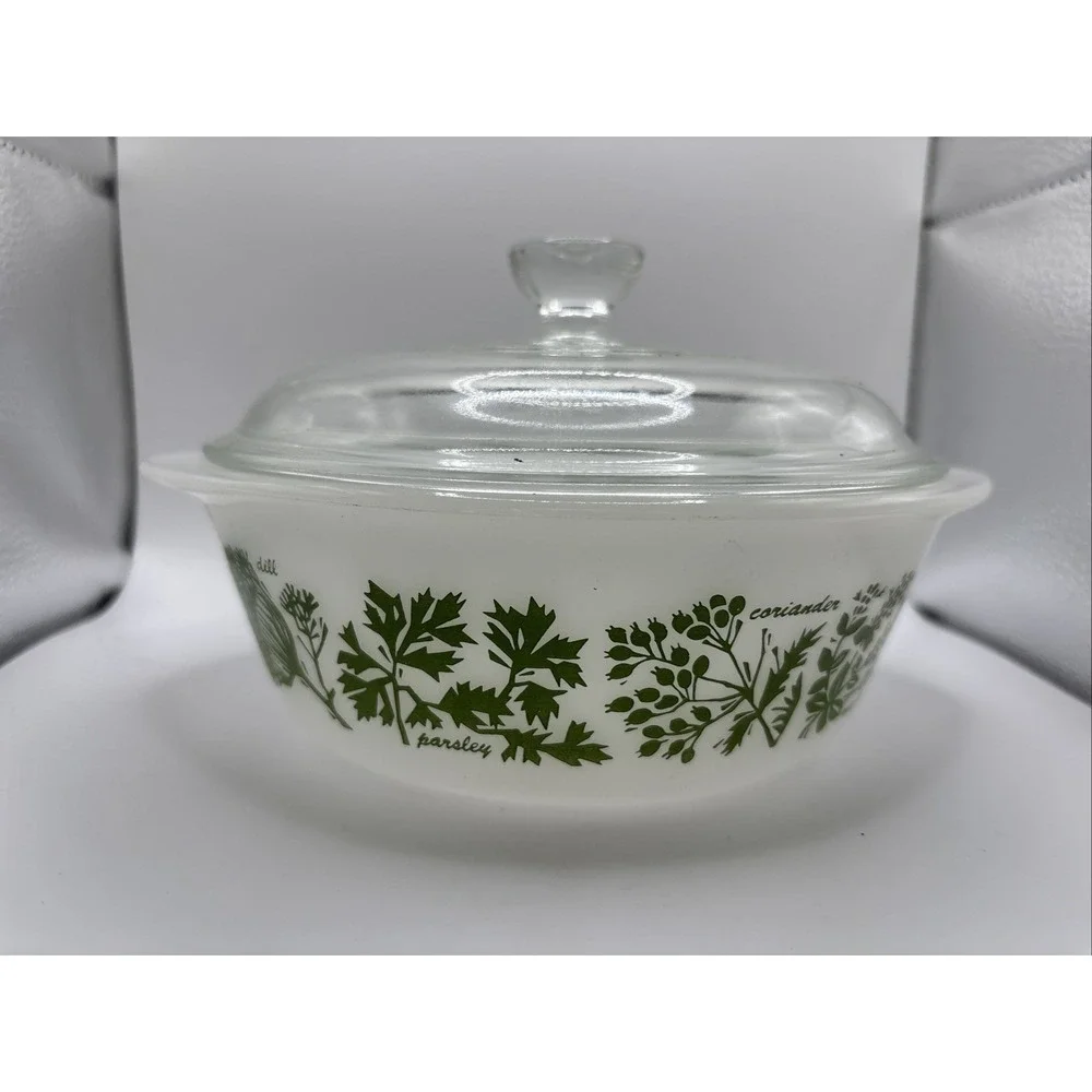 Vintage Glasbake J514 Green Herbs 2‎ Quart Casserole Baking Dish w/ Lid, Chipped